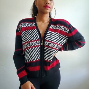 VTG San Remo Black & Red Red Animal Print Cardigan